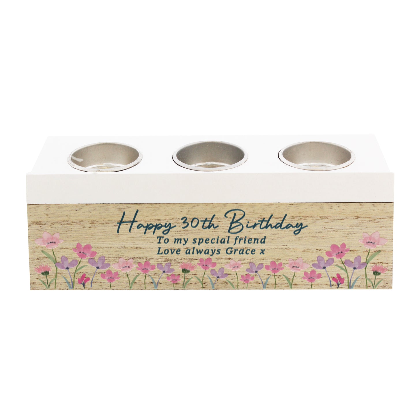Personalised Floral Wooden Triple Tealight Box