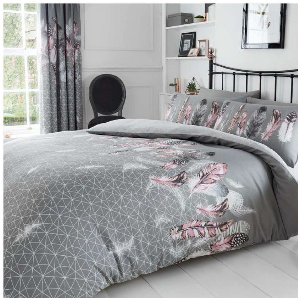 Feathers Printed Duvet Set - Grey