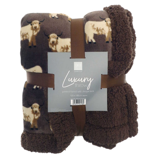 Highland Cow Luxury Design Flannel Throw with Sherpa Reverse - Mocha