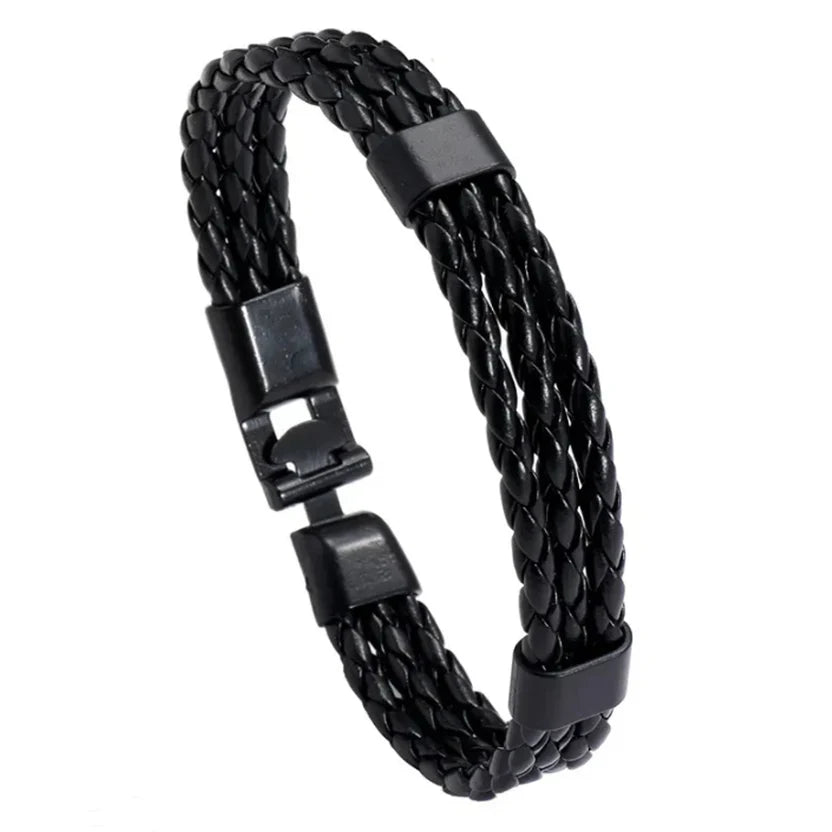 Men's Black Leather Clasp Bracelet