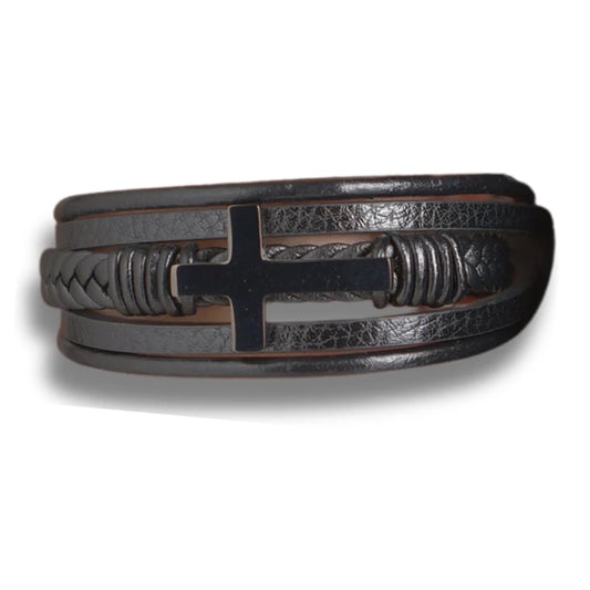 Men's Black Leather Cross Bracelet