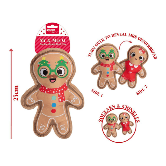 Double Sided Squeaky Christmas Mr & Mrs Gingerbread Dog Plush