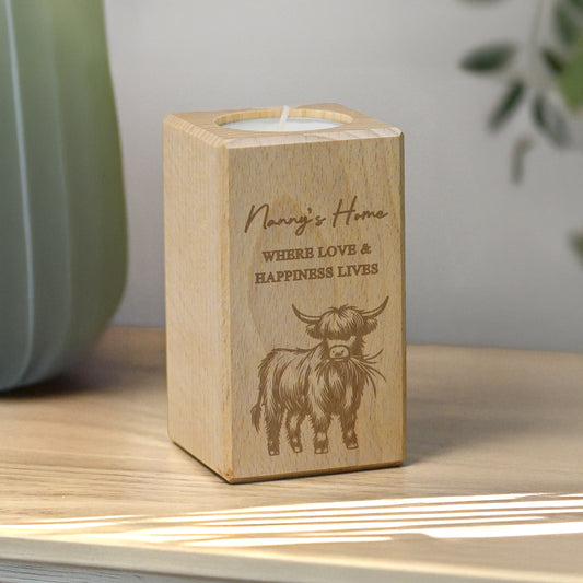 Personalised Highland Cow Wooden Tealight Holder