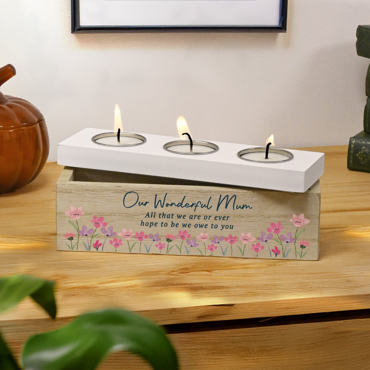 Personalised Floral Wooden Triple Tealight Box
