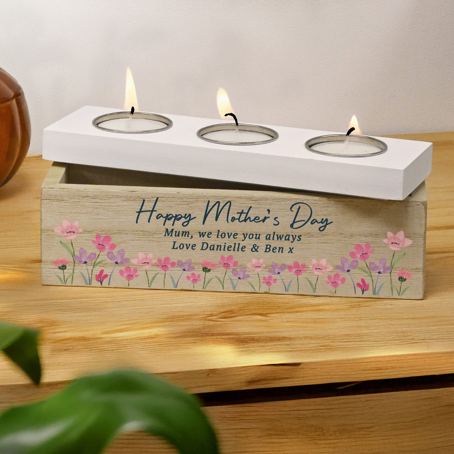 Personalised Floral Wooden Triple Tealight Box