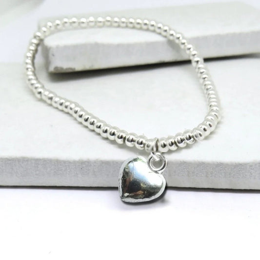 Puff Heart Silver Beaded Stretch Bracelet