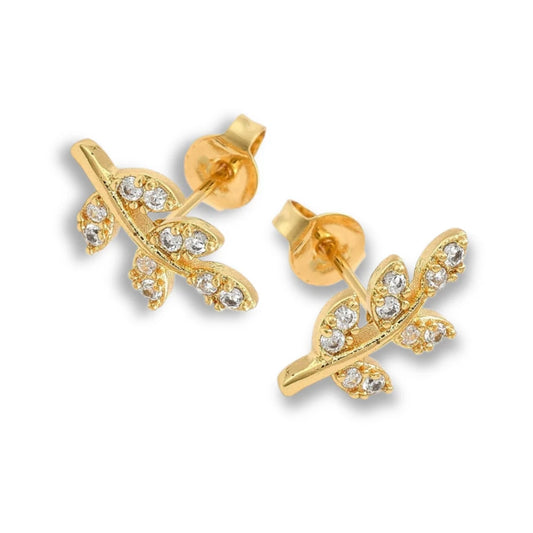 Cubic Zirconia Gold Leaf Stud Earrings