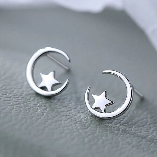 925 Sterling Silver Moon & Star Stud Earrings