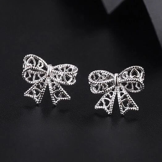 925 Sterling Silver Bow Tie Heart Stud Earrings