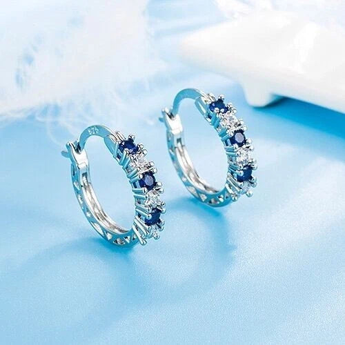 925 Sterling Silver Blue Crystal Hoop Earrings
